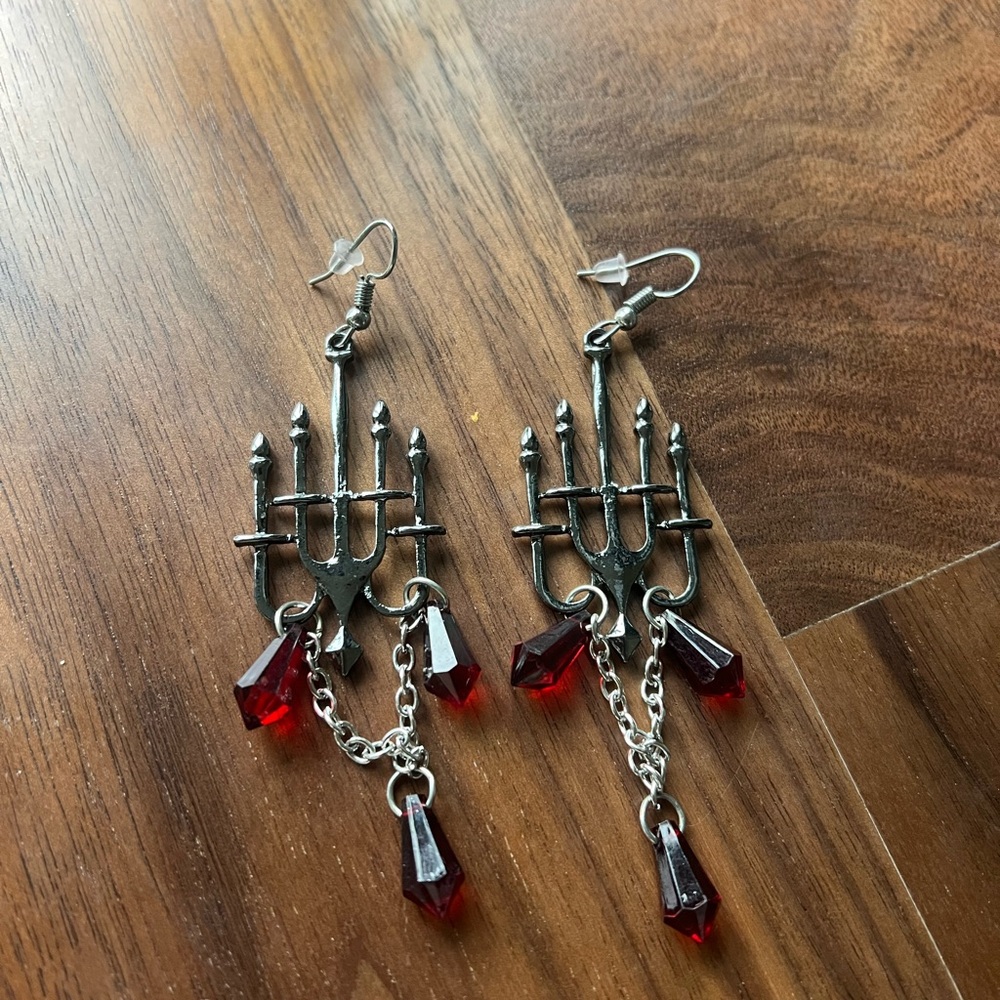 Gothic Silver and Red Dangle Earrings